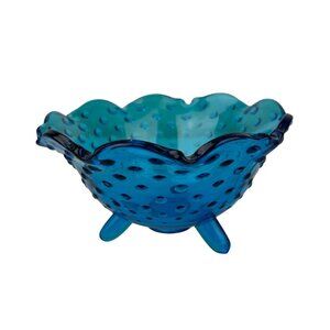 Vintage LE Smith Colonial Blue Hobnail Glass Footed Small Candy Nut Bowl MCM